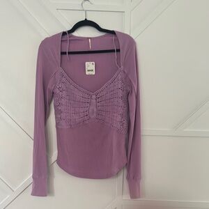 Free People Lavender Crochet Long Sleeve Top